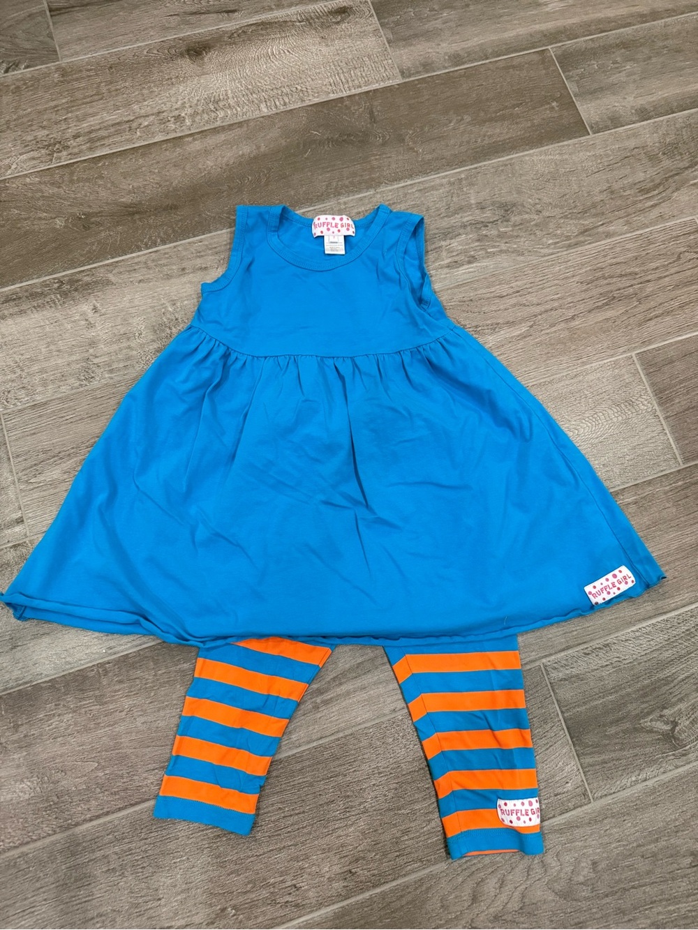 Ruffle Girl Bright Blue Dress & Orange-Striped Leggings Kids Matching Set